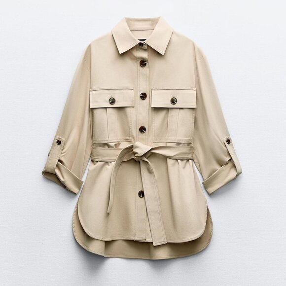 Zara Tan Belted Utility Shirt Jacket - Size Large - Picture 6 of 7
